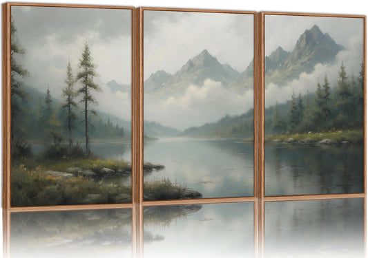 SIGNINART Large Green Forest Framed Canvas Wall Art Set, Misty Mountain Lake Scenery Wall Decor, Modern Foggy Wood Landscape Artwork, Oil Printing Style Nature Art Print for Living Room, Bedroom, Office 16 x24 x3