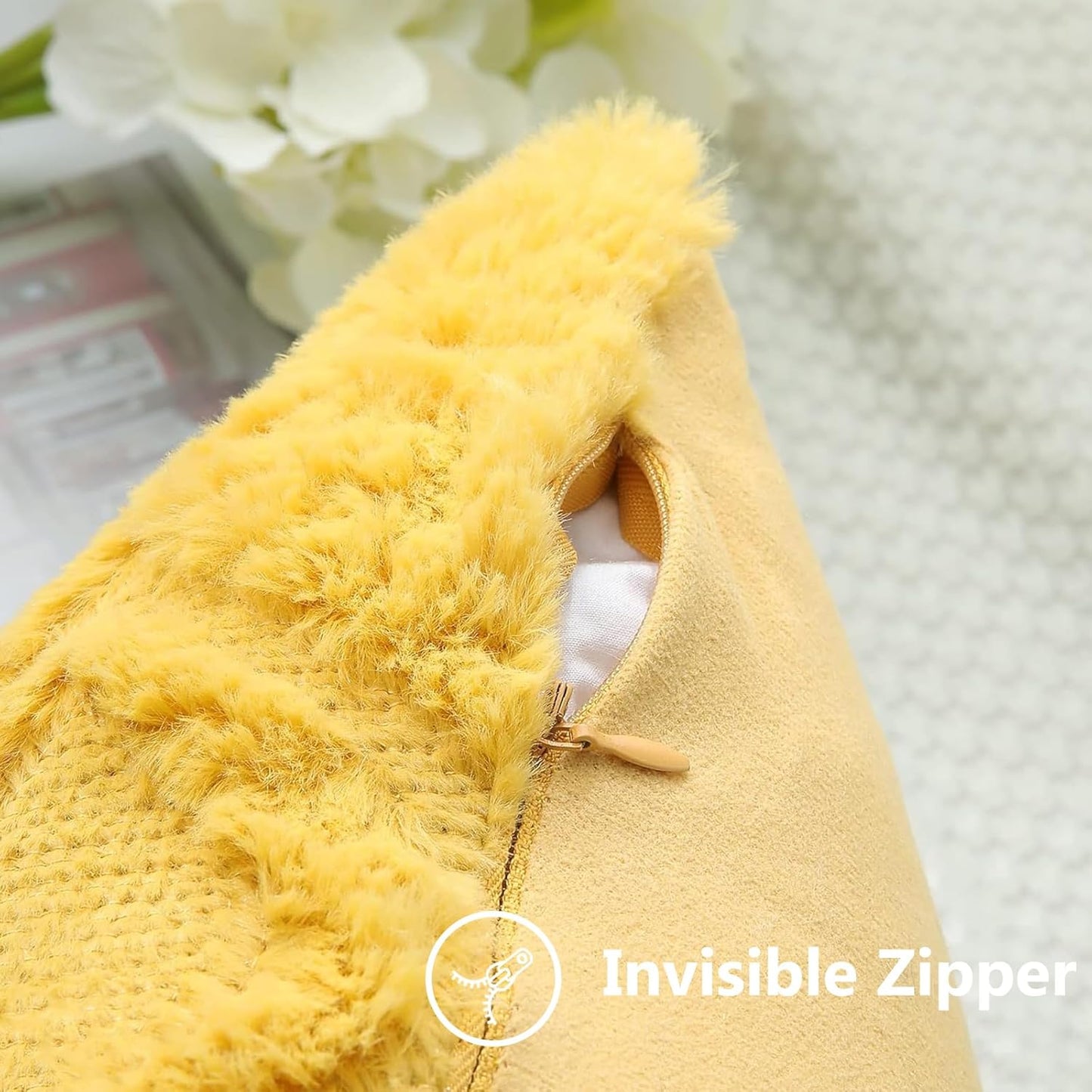 decorUhome Throw Pillow Covers 18x18 Inch Set of 2, Soft Plush Decorative Faux Fur Mustard Yellow Solid Couch Pillow Covers, Accent Farmhouse Neutral Square Euro Pillow Cases for Sofa Bed Living Room