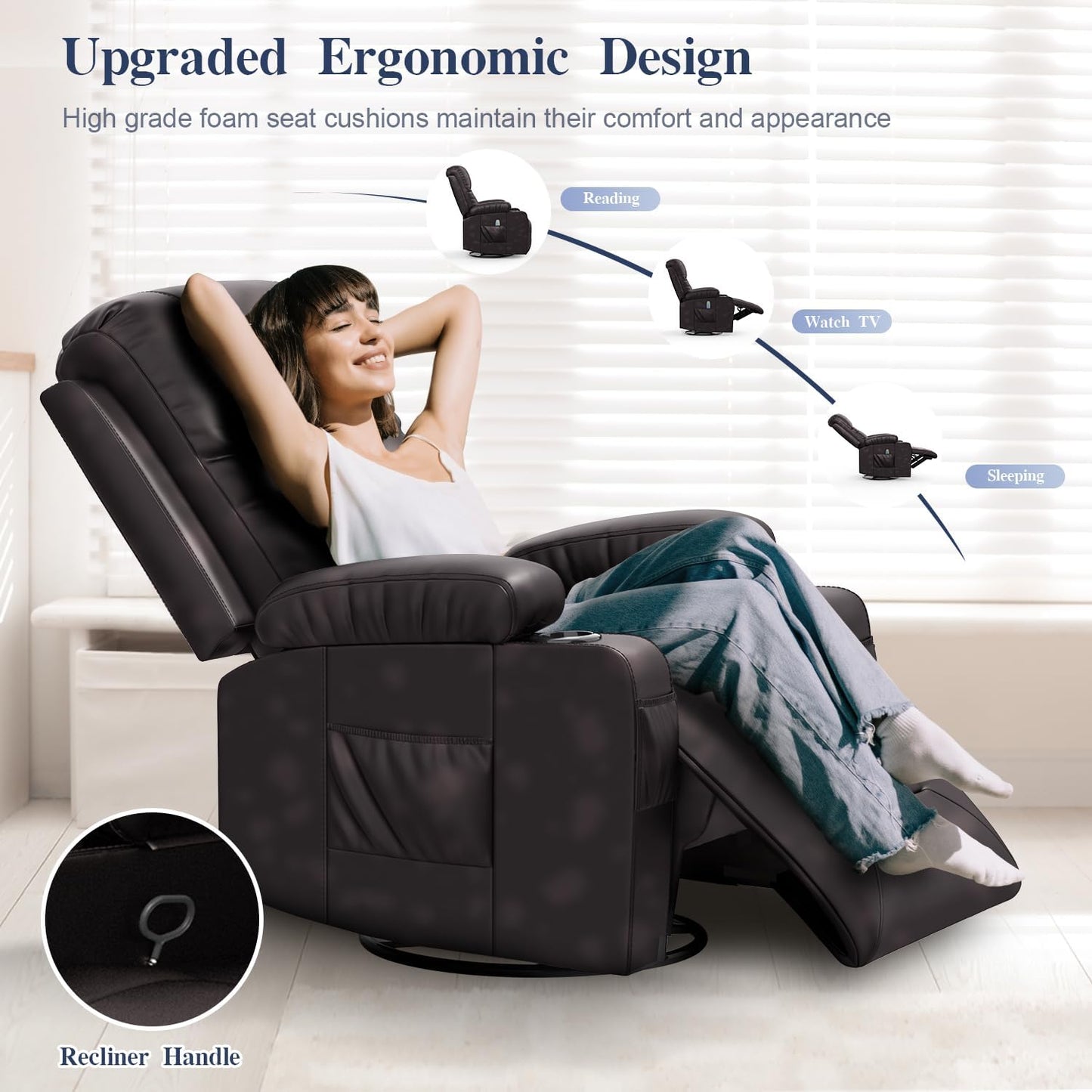 Recliner Chairs for Adults, FSC Certified Massage Rocker with Heated Modern Ergonomic Lounge 360 Degree Swivel Single Sofa Seat Living Room Lounge Recliners Brown