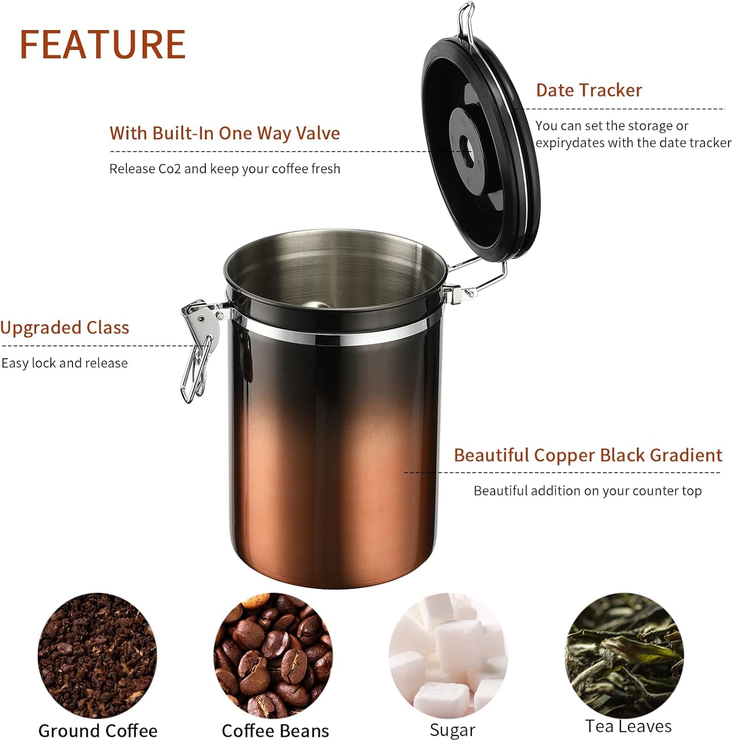 malmo Coffee Canister, Airtight Coffee Container with Date Tracker Lid, Stainless Steel Canister for Kitchen Food Storage (Black-Copper, 22oz with 1/4 Cup)