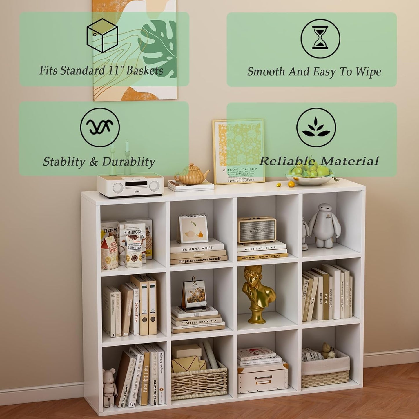 12-Cube Storage Shelf Bookcase - Wooden 3-Tier Floor Standing Open Bookshelf for Home and Office, Display Cabinet, Warm White