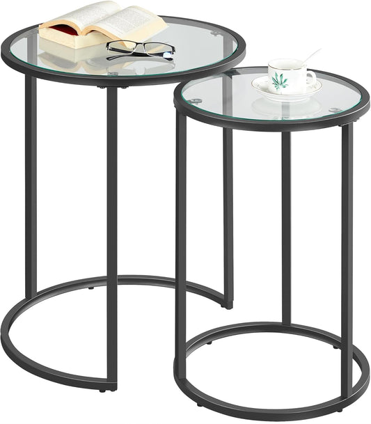 Yaheetech Round Nesting End Table Set of 2,Stacking Side Tables,Coffee Tables Set w/Metal Frame & Glass Top & Protective Foot Pads for Small Space, Living Room, Office- Black