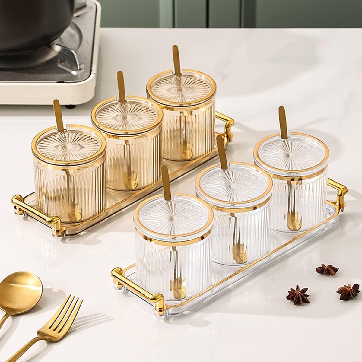 Acrylic Condiment Spice Jars and Box with Lids, Spoons, Tray - 3 Pack, Clear Plastic Canisters, Seasoning Box Set for Salt, Paprika, Sugar - Kitchen Storage