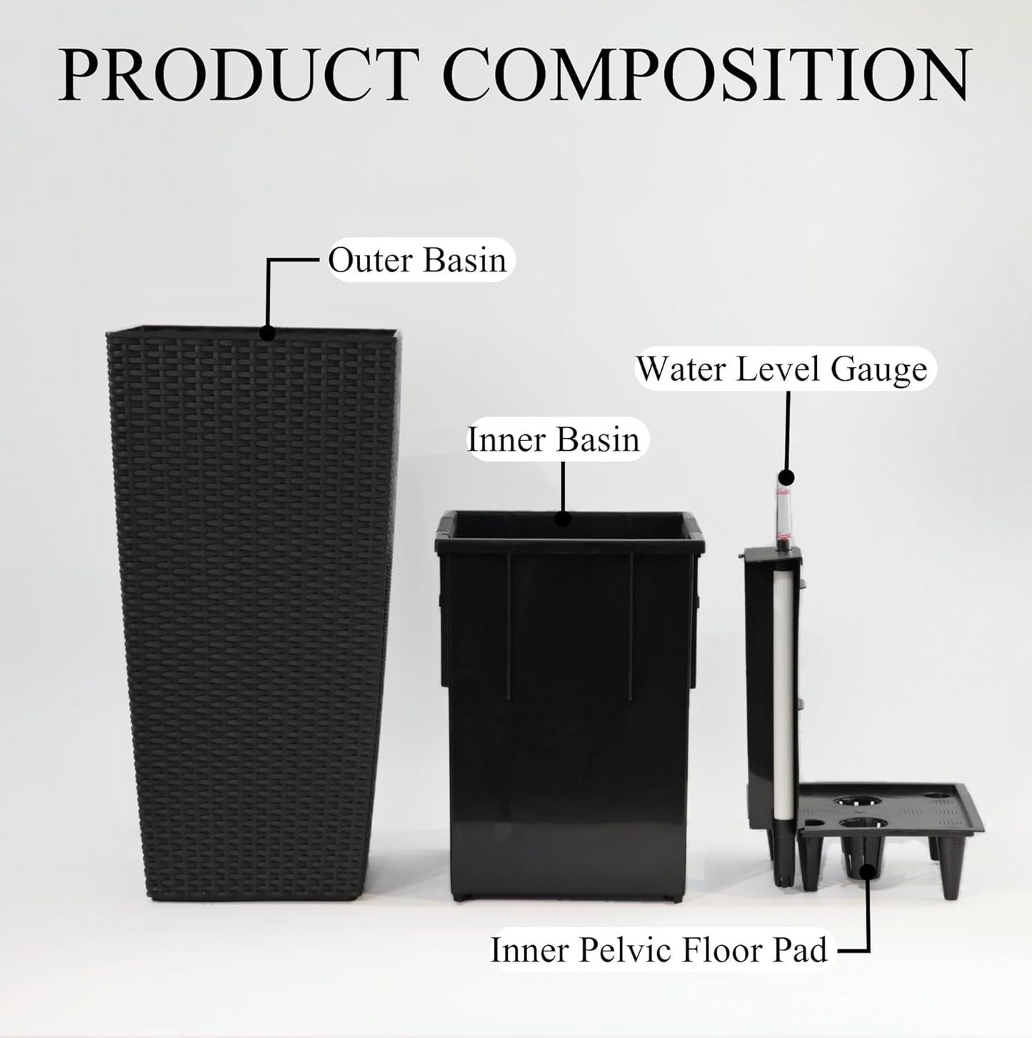 30in Tall Large Plant Pots Planter-Self-Watering Indoor/Outdoor Planting with Drain Holes, Water Level Monitor, Inner Bucket for Front Porch Patio, Black Large