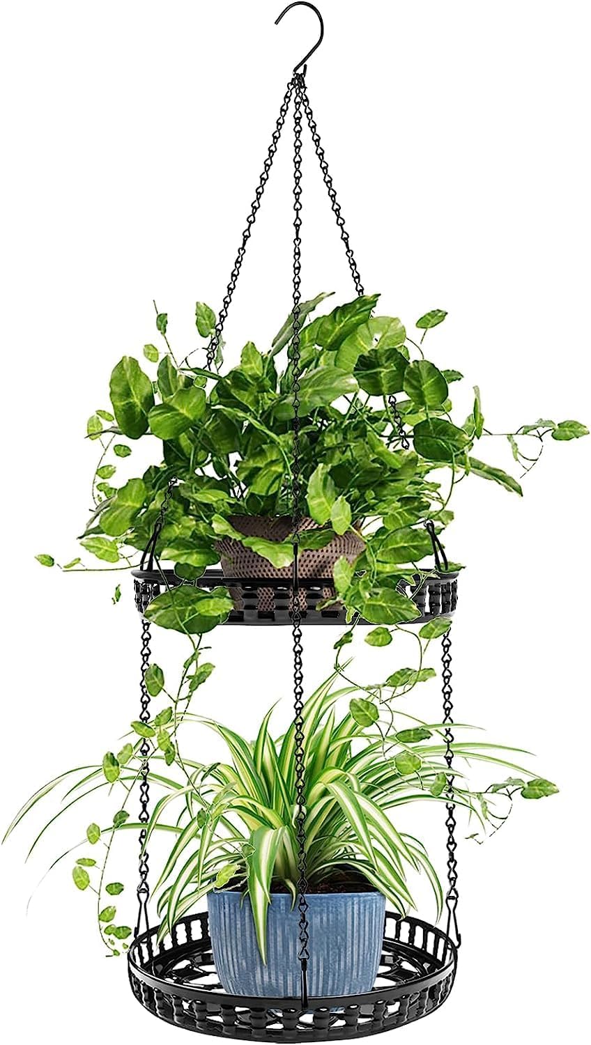 Plant Hanger Indoor Outdoor, 2 Tier Hanging Planter Plant Shelf, Metal Hanging Plants Holder for Indoor Outdoor Plants
