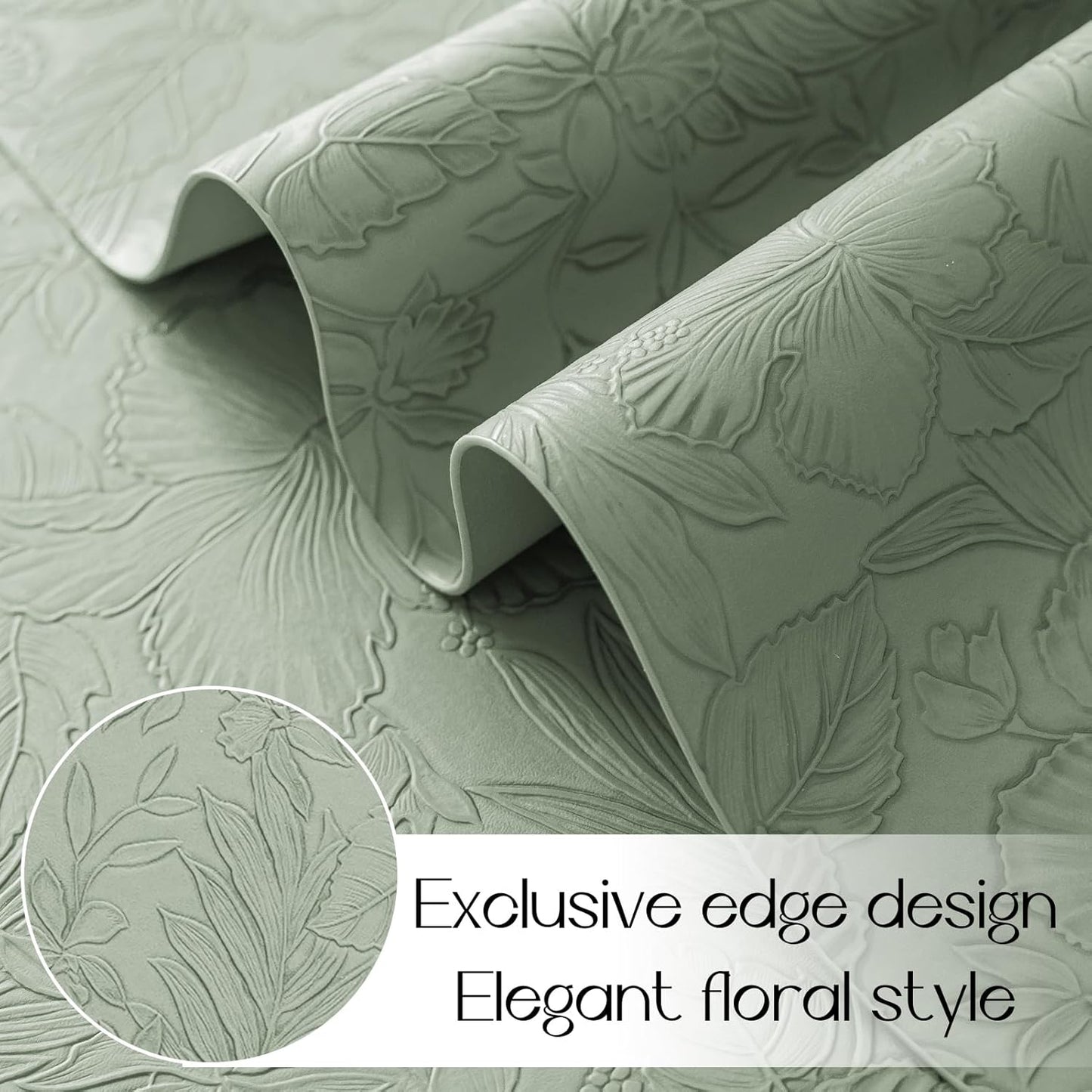 Romanstile Vinyl Placemats Set of 6-12 X 18 Inch - Heat Resistant Non-Slip Embossed Floral Place Mats 100% Waterproof Oilproof Wipeable Faux Leather Table Mats for Kitchen/Dining/Party, GrassGreen