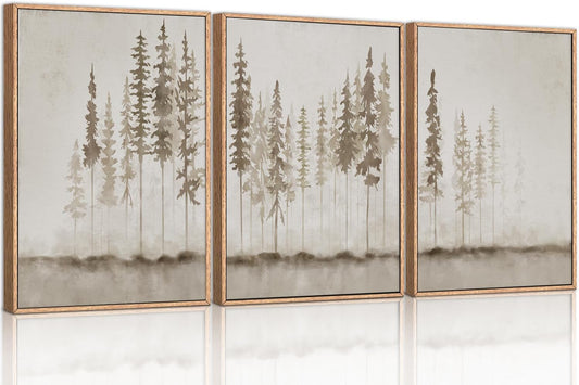 HPINUB Misty Forest Framed Canvas Wall Art Set, Foggy Pine Tree Wall Decor, Pastel Nature Landscape Wall Painting, Evergreen Coniferous Plant Art Print for Living Room, Bedroom, Office-24 x36 x3