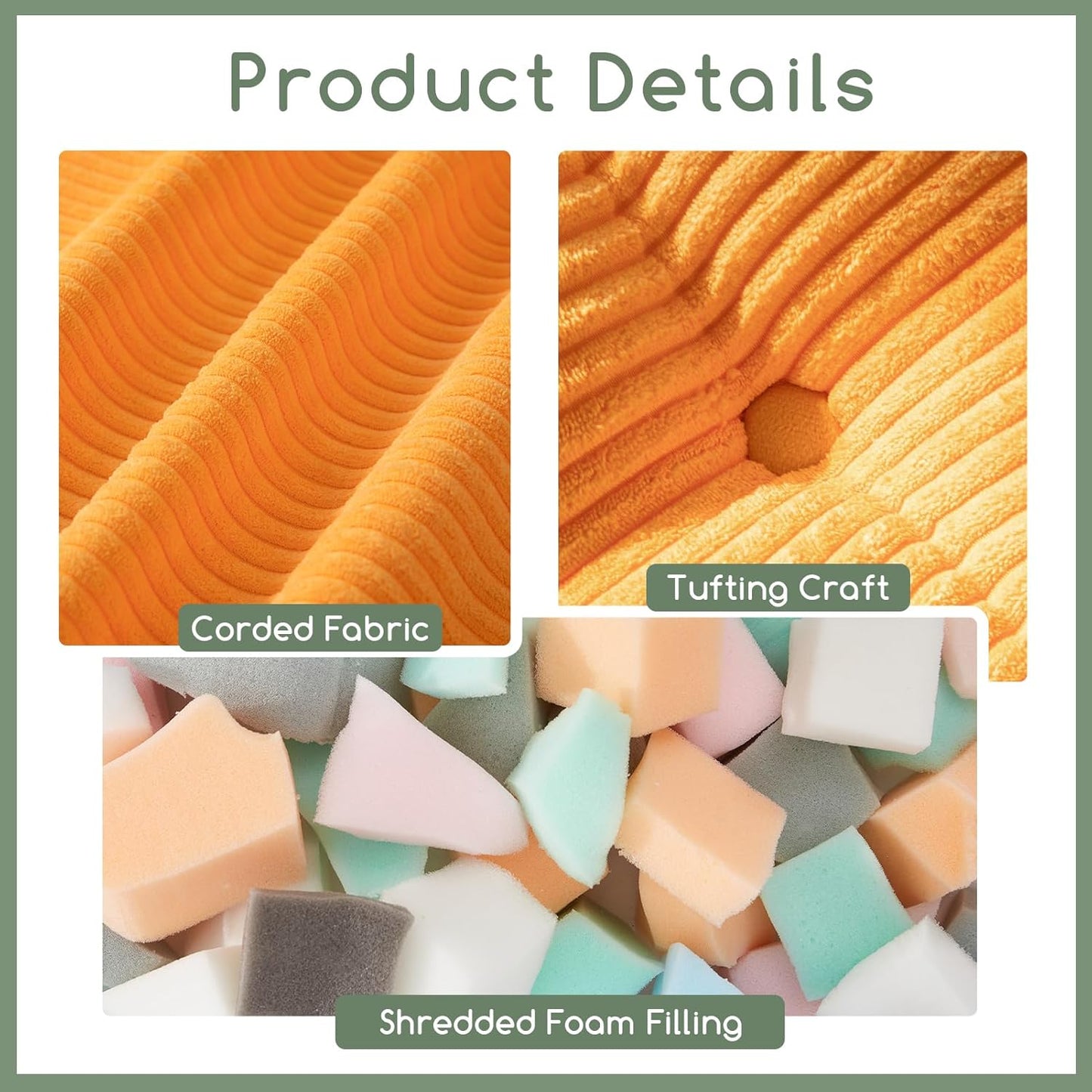 HIGOGOGO Square Stuffed Pouf Ottoman, Corduroy Poufs with Foam Chunk Filling, Furry and Fluffy Pouf Foot Stool Storage Ottoman, 25.6 X 25.6 Floor Poufs Foot Rest for Living Room, Orange