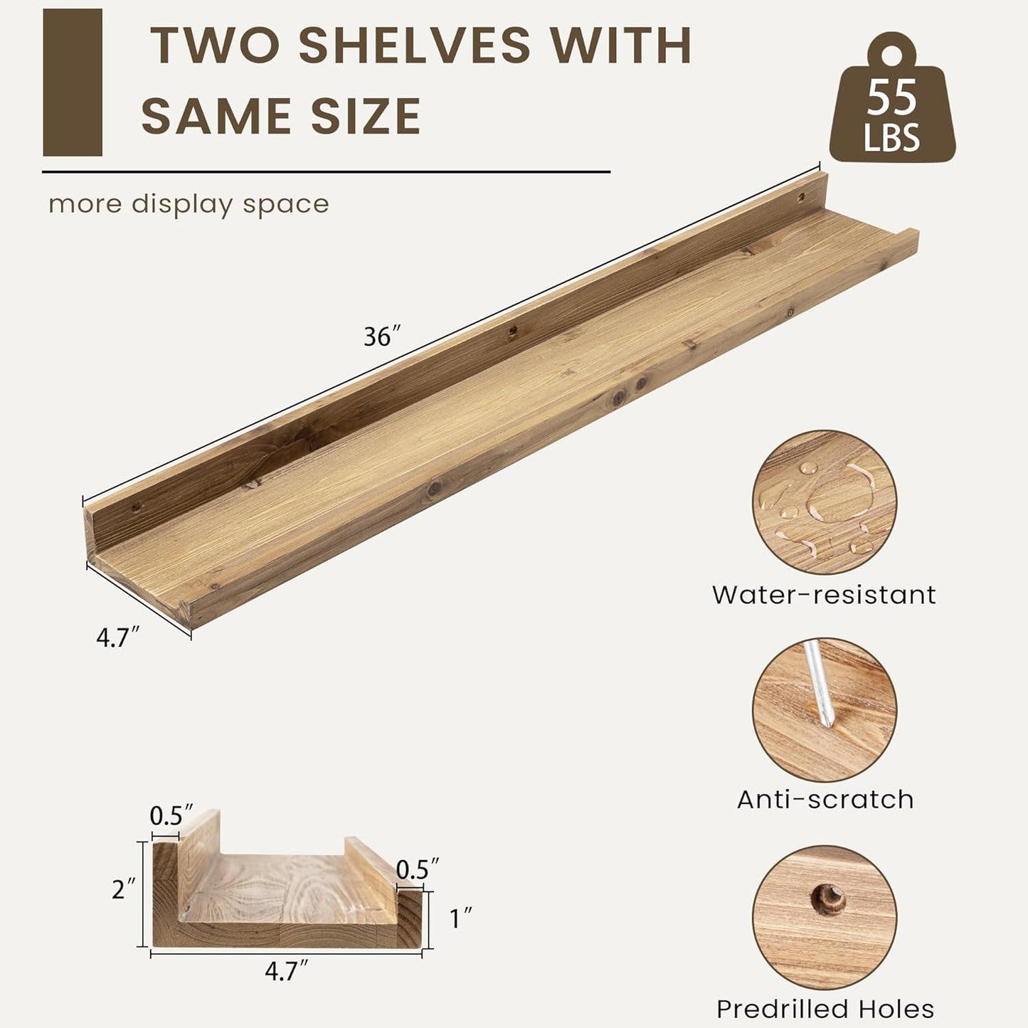 Floating Shelves for Wall, Picture Ledge Shelf 36 Inch Solid Wood Set of 2, Rustic Wall Shelves with Lip, Kids Bookshelf, Photo & Picture Live Edge Floating Shelves for Bedroom, Living Room, Kitchen