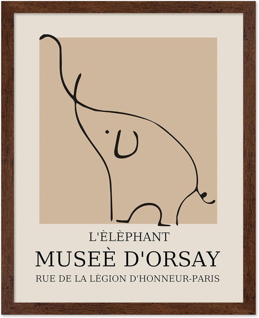 Poster Master Vintage Poster - Retro Minimalist Print - Gift for Artist, Housewarming - Elephant, Line Drawing, Sketch, Abstract - Wall Decor for Living Room, Bedroom, 11x14 Brown Framed