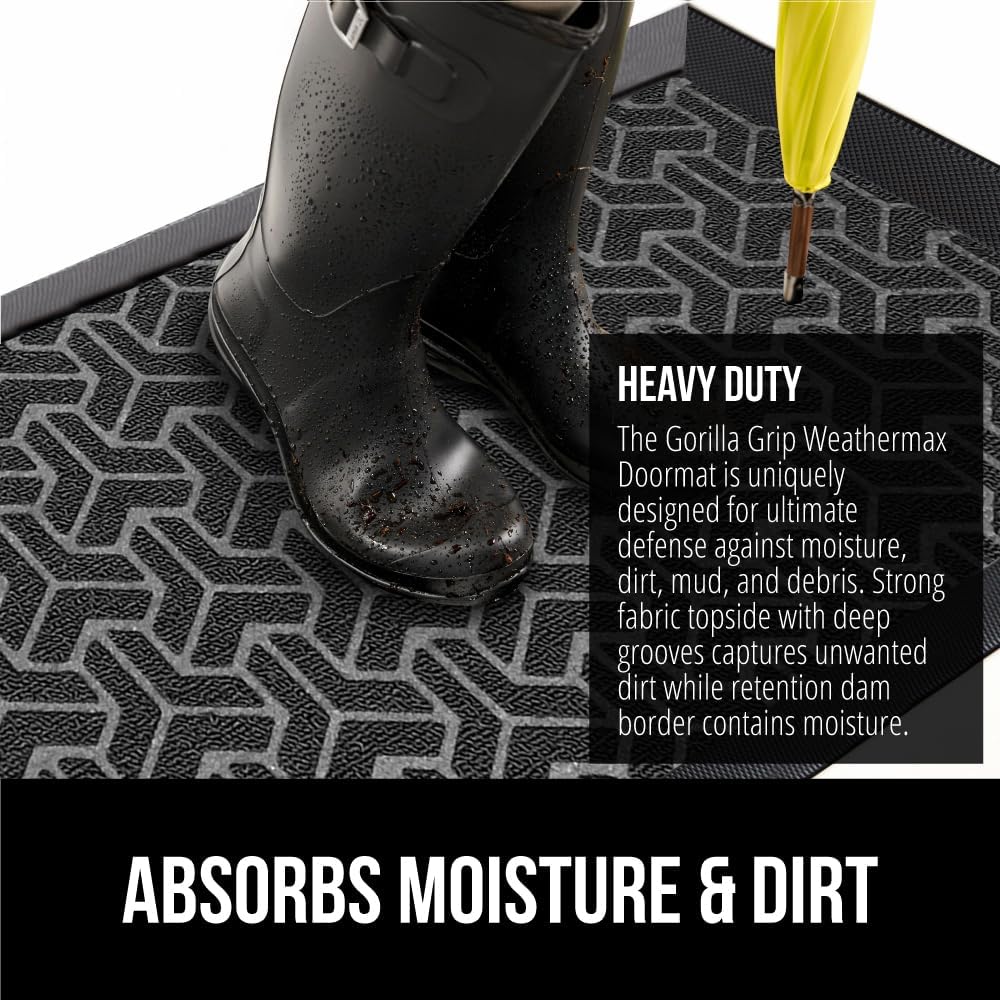 GORILLA GRIP 100% Waterproof All-Season WeatherMax Doormat, 72x24, US Designed Natural Rubber, Stain and Fade Resistant, Low Profile Indoor Outdoor Door Mats, Easy Clean Patio Mat, Slate Geometric