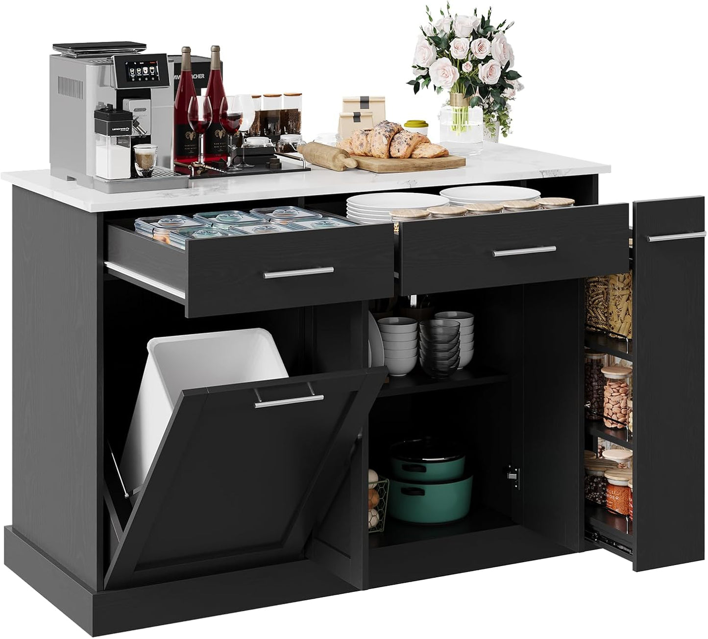 4 EVER WINNER Kitchen Island on Wheels with Storage, Rolling Kitchen Island Cart with Trash Can Cabinet, Kitchen Island Table with Spice Rack & Towel Rack, Black