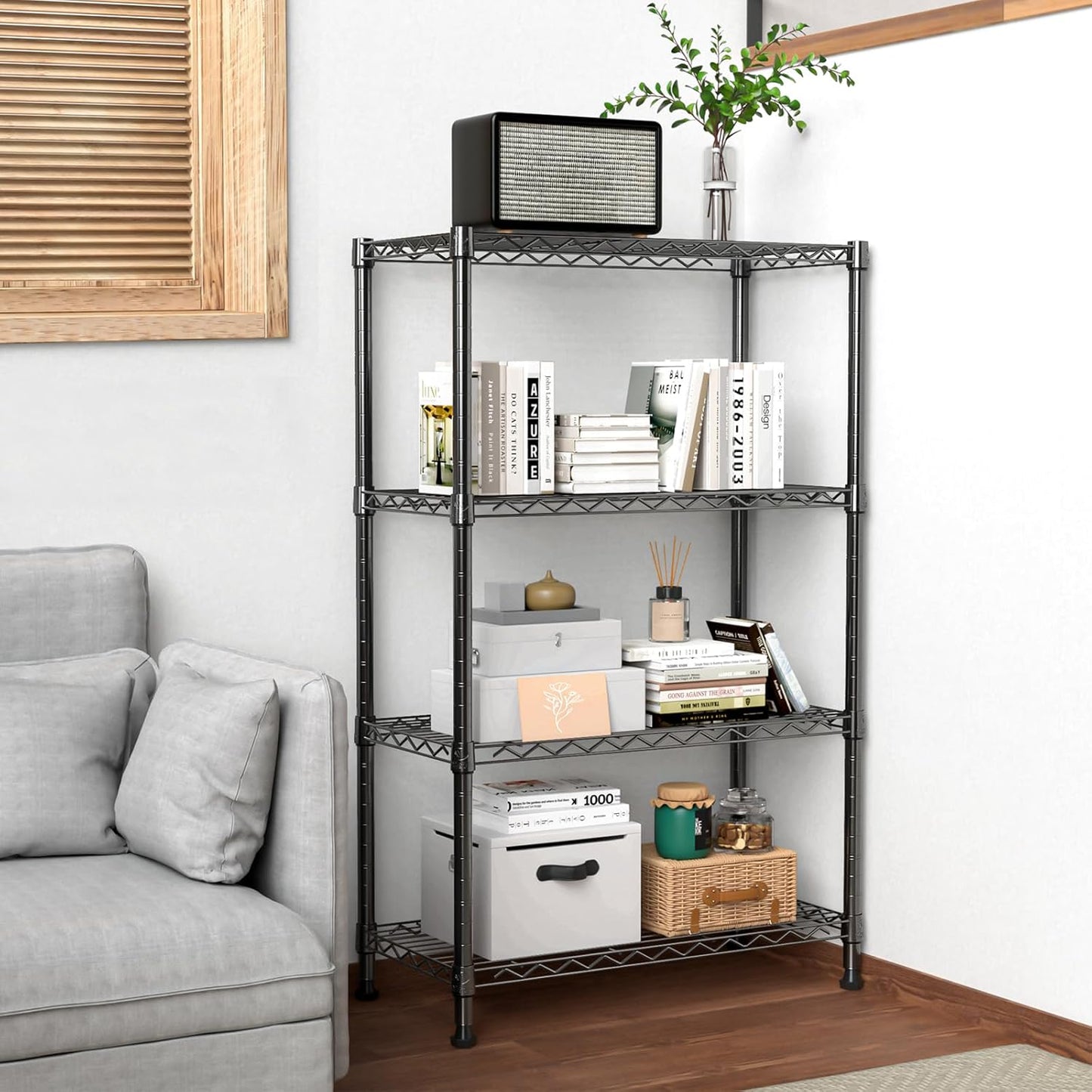 1000 lbs Storage Shelving Steel Heavy Duty 4-Tier Utility Shelving Unit Steel Organizer Wire Rack for Home,Kitchen,Office,Black (13.7" D x 23.6" W x 53.4" H)