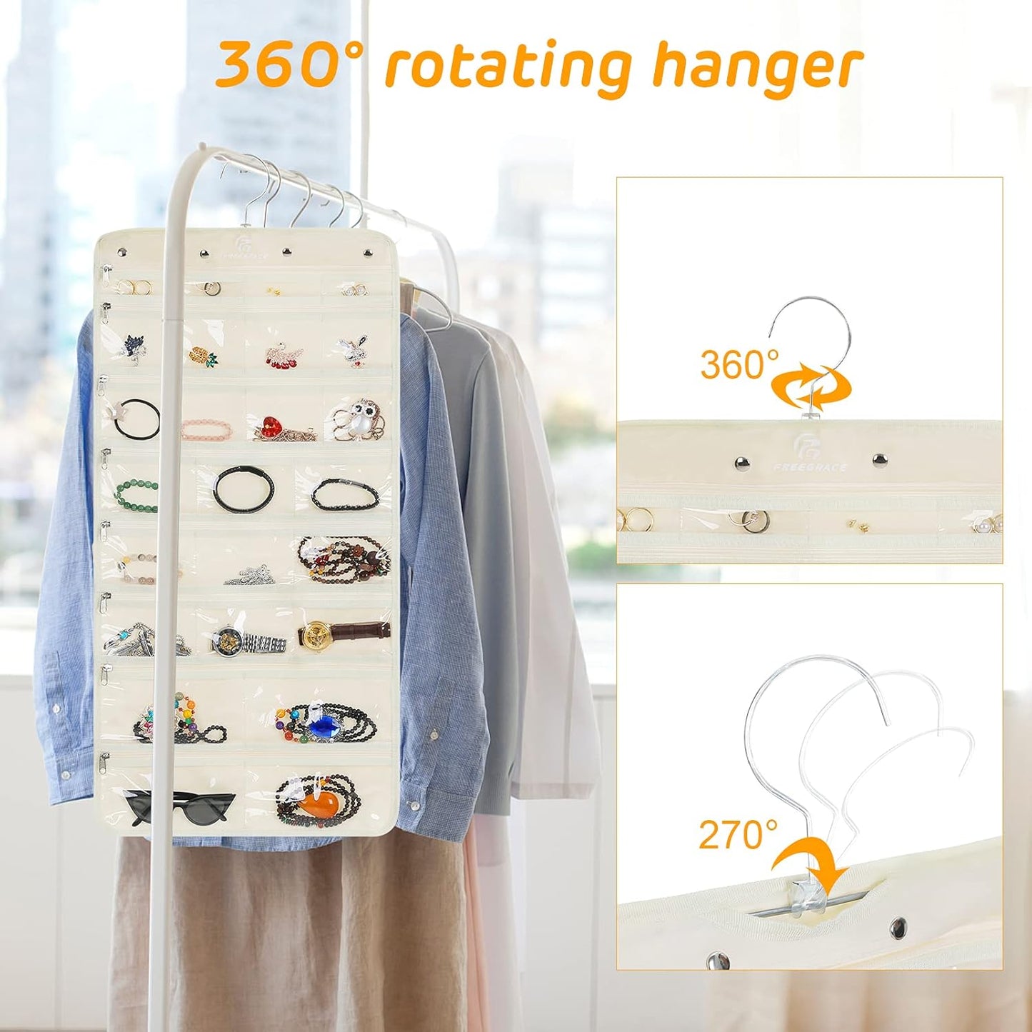 Freegrace Hanging Jewelry Organizer Revolving Hanger - Secure Zipper Closure - 50 Pockets - Foldable Storage & Display Solution - For All Jewelry & Bijoux (Beige)
