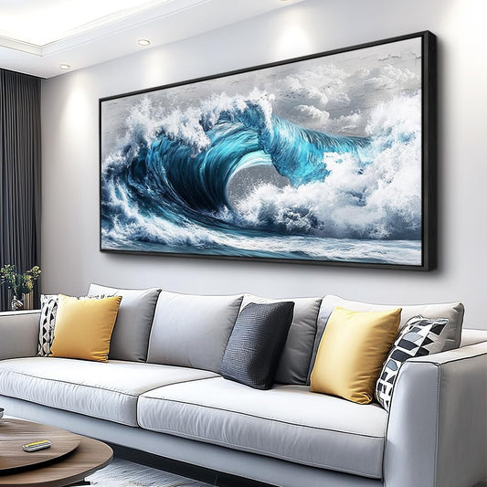 PHAOHUAXM Blue Wave lPaintings Wall Art For Living Room Wall Decor For Bedroom Ocean Inspiration Wall Pictures Office Decor Posters Modern Printing Canvas Artwork Home Decor Black Framed 20x40 In