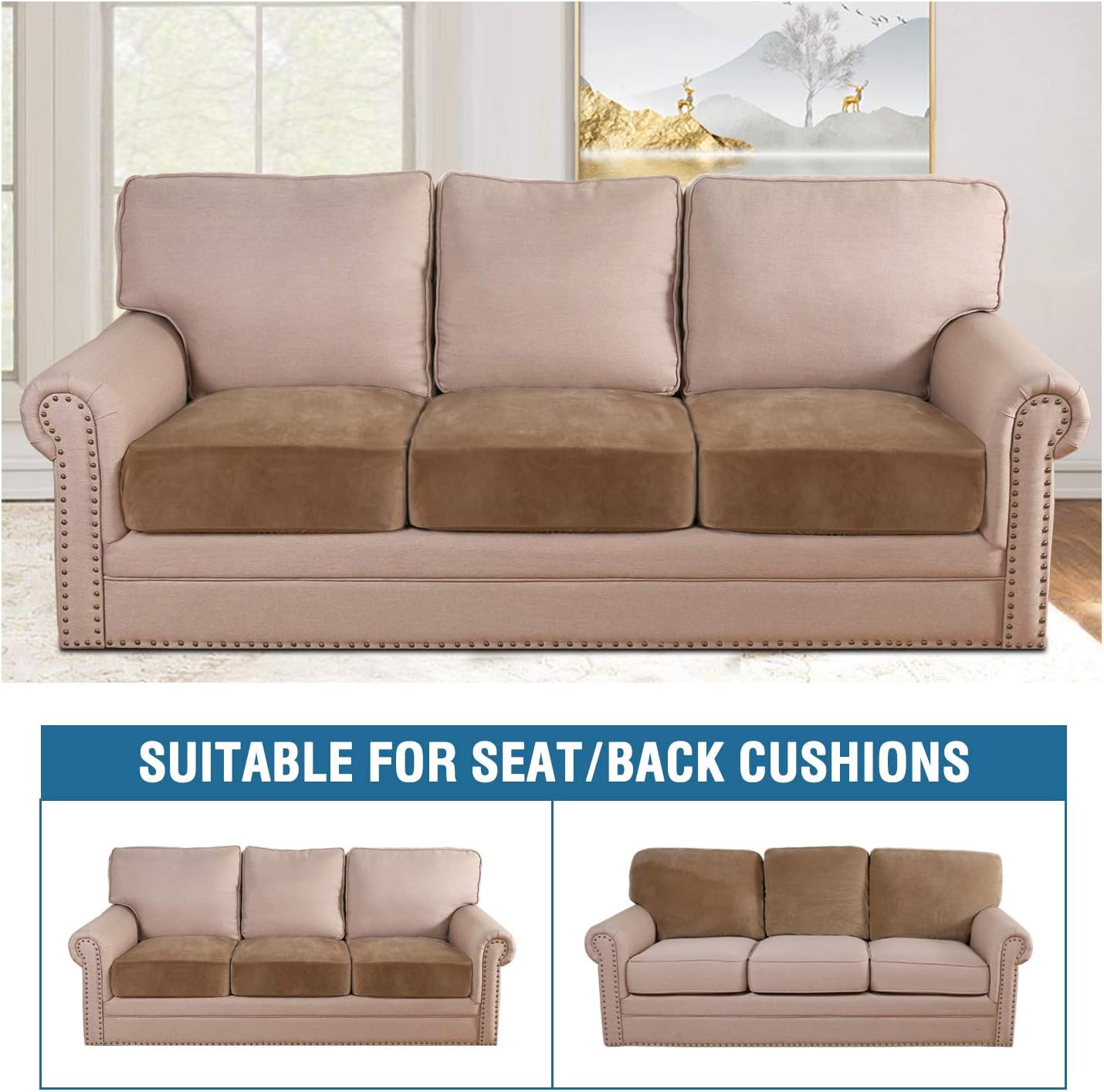 H.VERSAILTEX Velvet Stretch Couch Cushion Cover Plush Cushion Slipcover for Chair Loveseat Sofa Cushion Furniture Protector Seat Cushion Sofa Cover (3 Piece Sofa Cushion Covers, Camel)