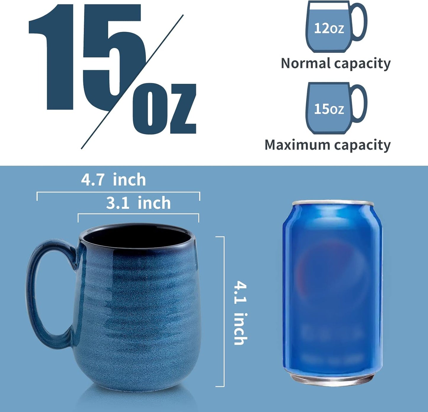 Hasense Coffee Mug Set of 4, 12 Ounce Ceramic Coffee Cups with Handle, Large Mug Set for Coffee, Tea, Chocolate, Modern Mug Gift for Men and women, Dishwasher & Microwave Safe(Blue)