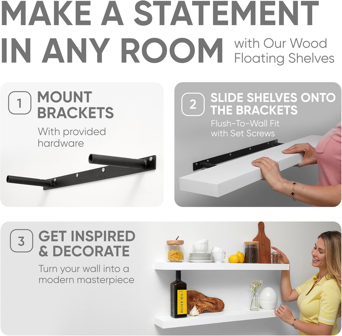 Homeforia Floating White Shelf 60 inches, High End Solid Real Wood 60inch Long Floating Shelves for Wall Mounted, White Wooden 60in Floating Shelves, Heavy Duty Bracket, 60 X 6.5 X 1.75 inch, Set of 2