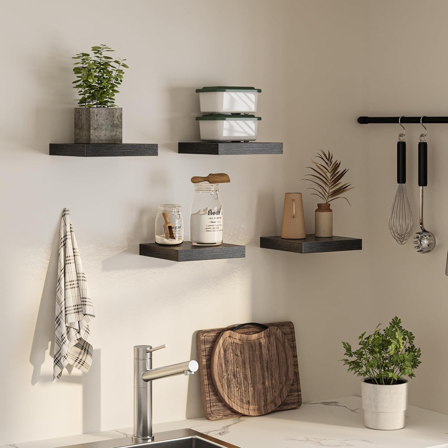 Square Floating Shelves for Wall, 10" W x 10" D x 1.2" H, Small Wooden Wall Mounted Display Shelves with Invisible Brackets for Living Room, Bedroom, Bathroom, Kitchen Decor, Set of 4, Black