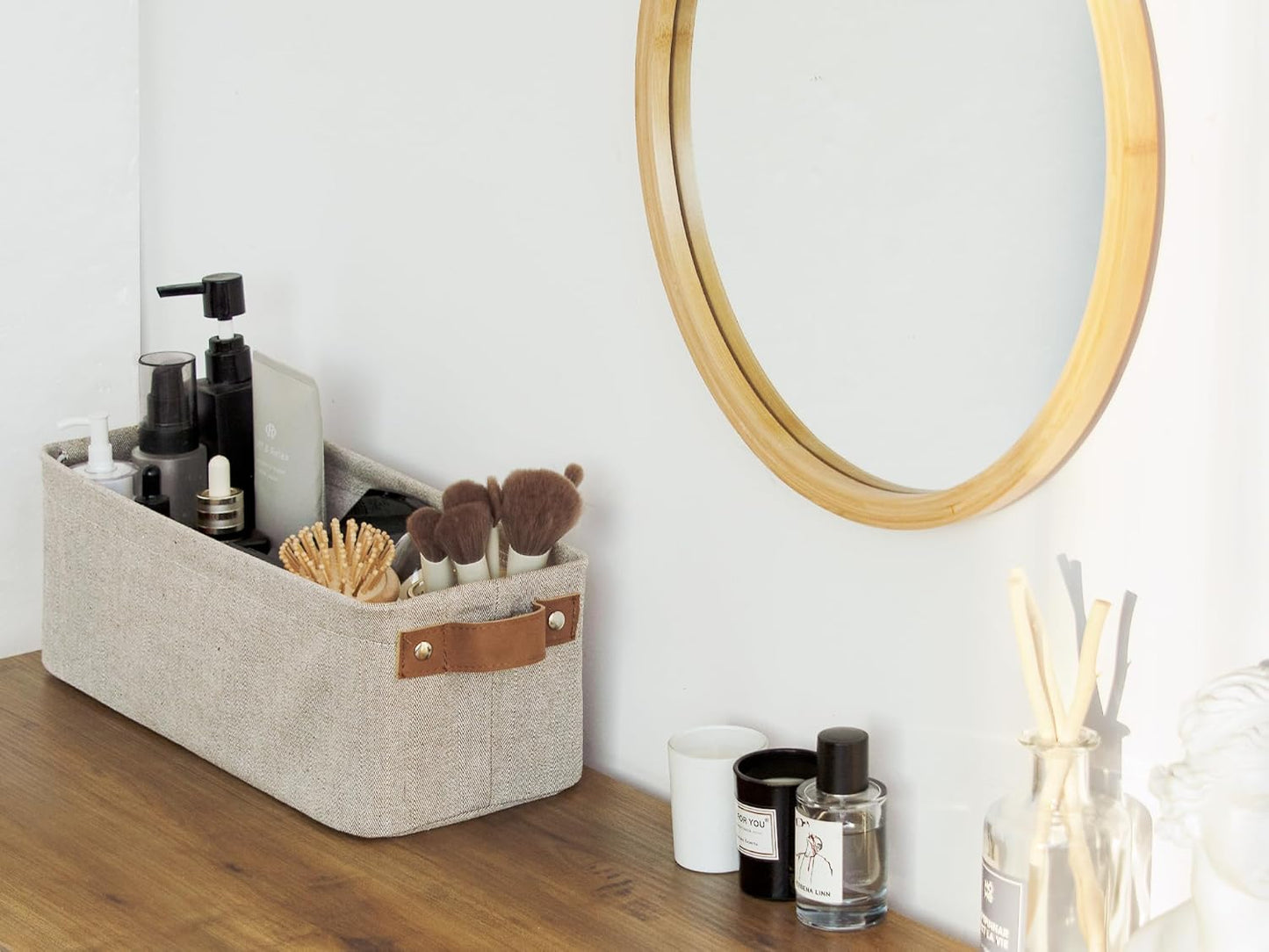 StorageWorks Narrow Storage Bins, Small Basket for Closet and Shelves, Fabric Organizer with Handles, Toilet Paper Storage, Brown and Beige, 2-Pack