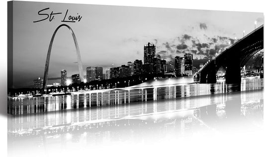 DJSYLIFE Panoramic St. Louis Skyline Wall Art Cityscape Picture Black and White Canvas Print Night View Urban Landscape Modern Artwork Office Bedroom Decor Framed and Ready to Hang 13.8"x47.3"