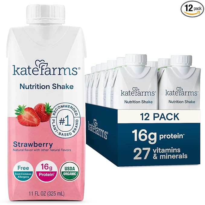 KATE FARMS Organic Nutrition Shake, Strawberry, 16g protein, 27 Vitamins 11 oz (12 Pack)