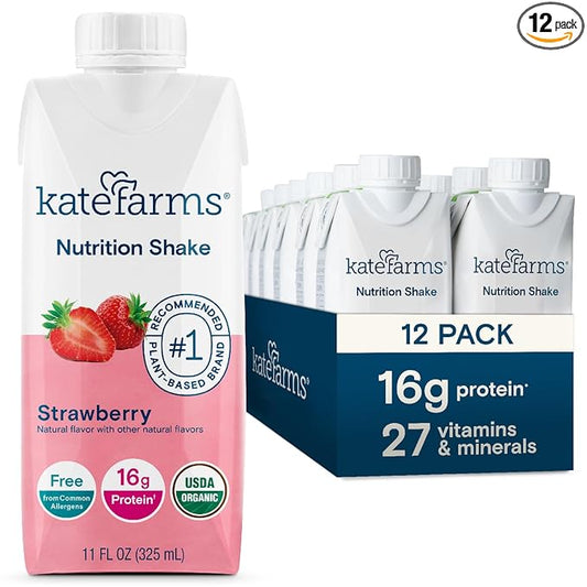 KATE FARMS Organic Nutrition Shake, Strawberry, 16g protein, 27 Vitamins 11 oz (12 Pack)