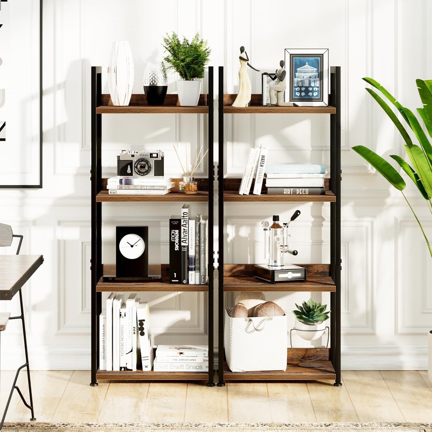 NUMENN Narrow Bookshelf, 4 Tier Bookshelves, Home Office Bookcase Shelf Storage Organizer, Free Standing Storage Shelving Unit for Bedroom, Living Room and Home Office, Vintage