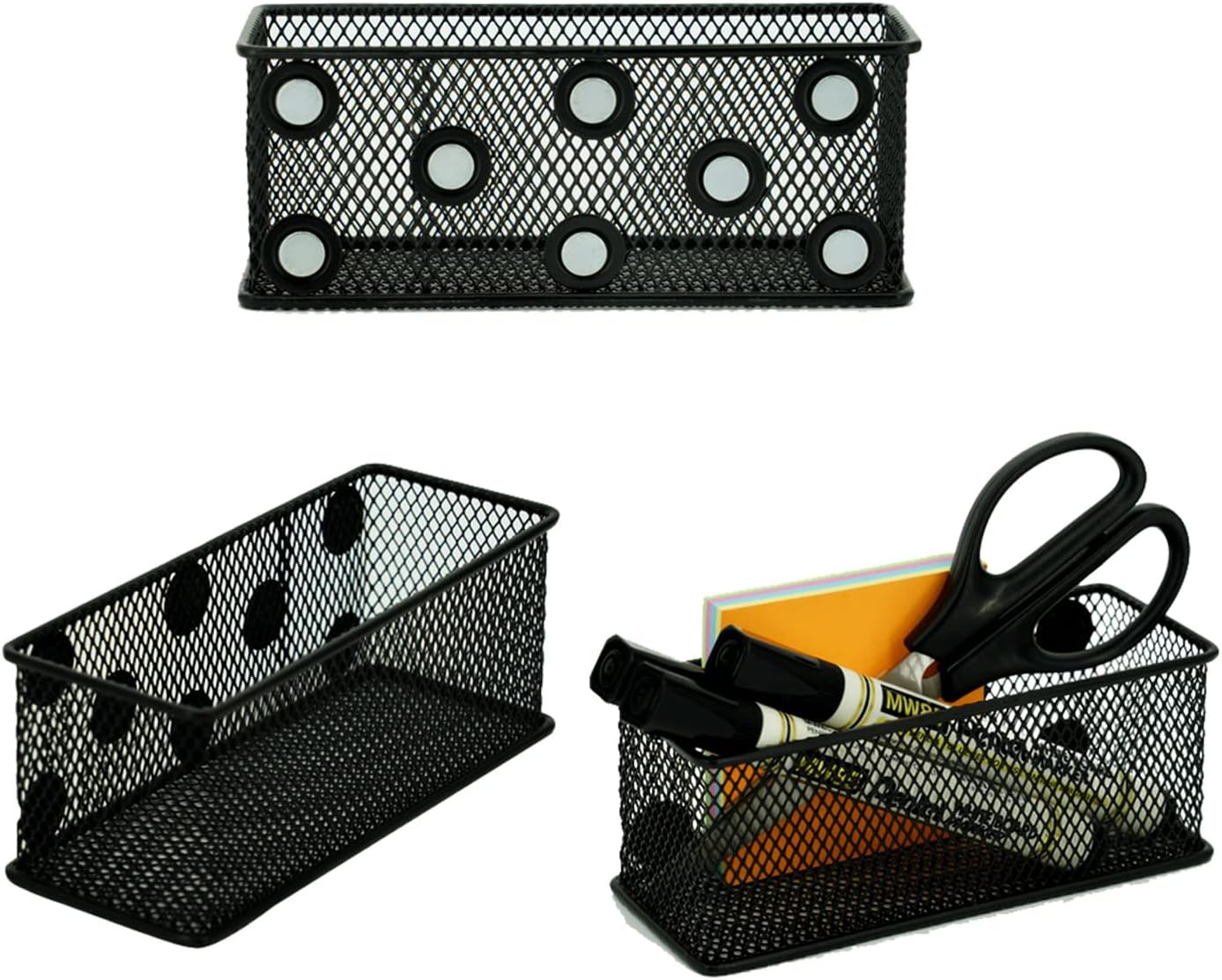 Neudeco Magnetic Locker Organizer and Accessories，Wire Mesh Magnetic Storage Basket ,Magnetic Holder for Dry Erase Markers,Strong Magnet Pen Holder for Fridge School,Pack 3 (Black)