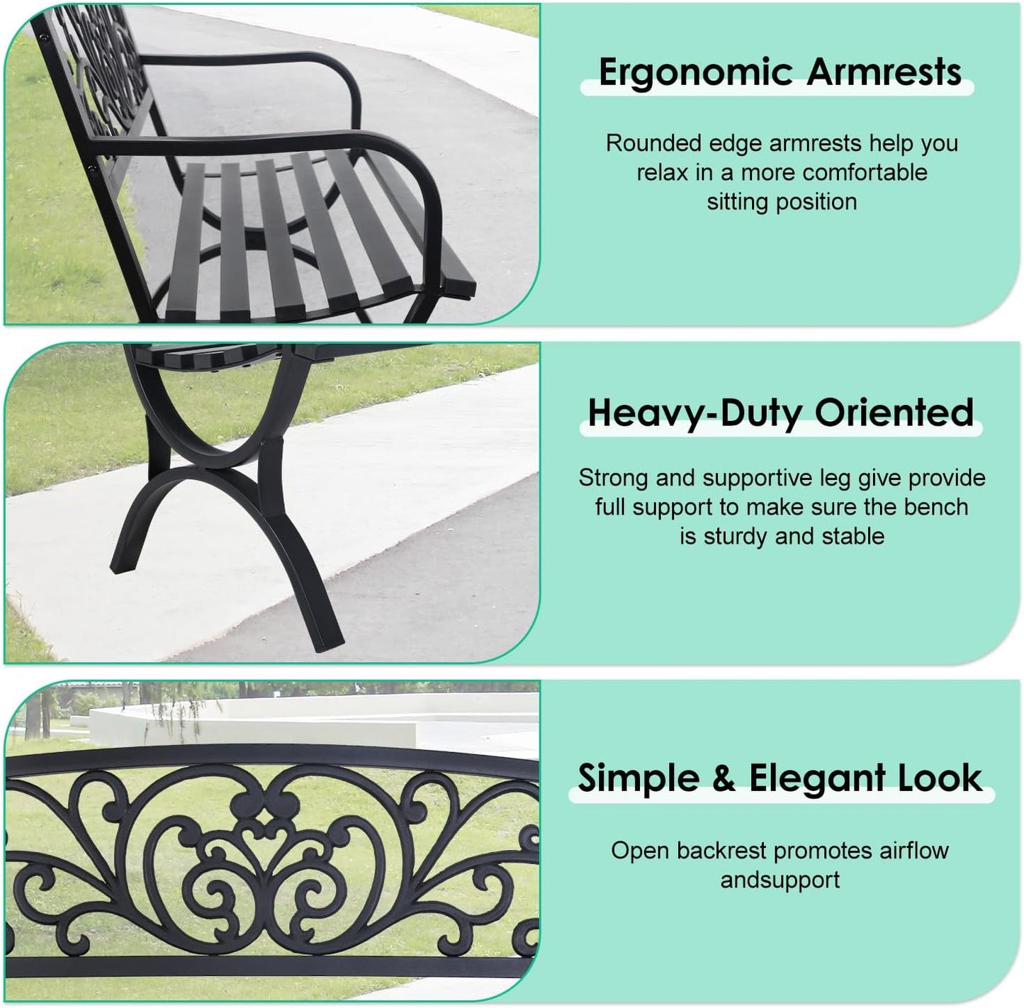 FDW Outdoor 50 Inches Garden Bench, Slatted Seat Armrests Floral Design Backres and Arch Legs, Perfect for Park, Yard, Porch, Lawn, Balcony, Backyard, Black