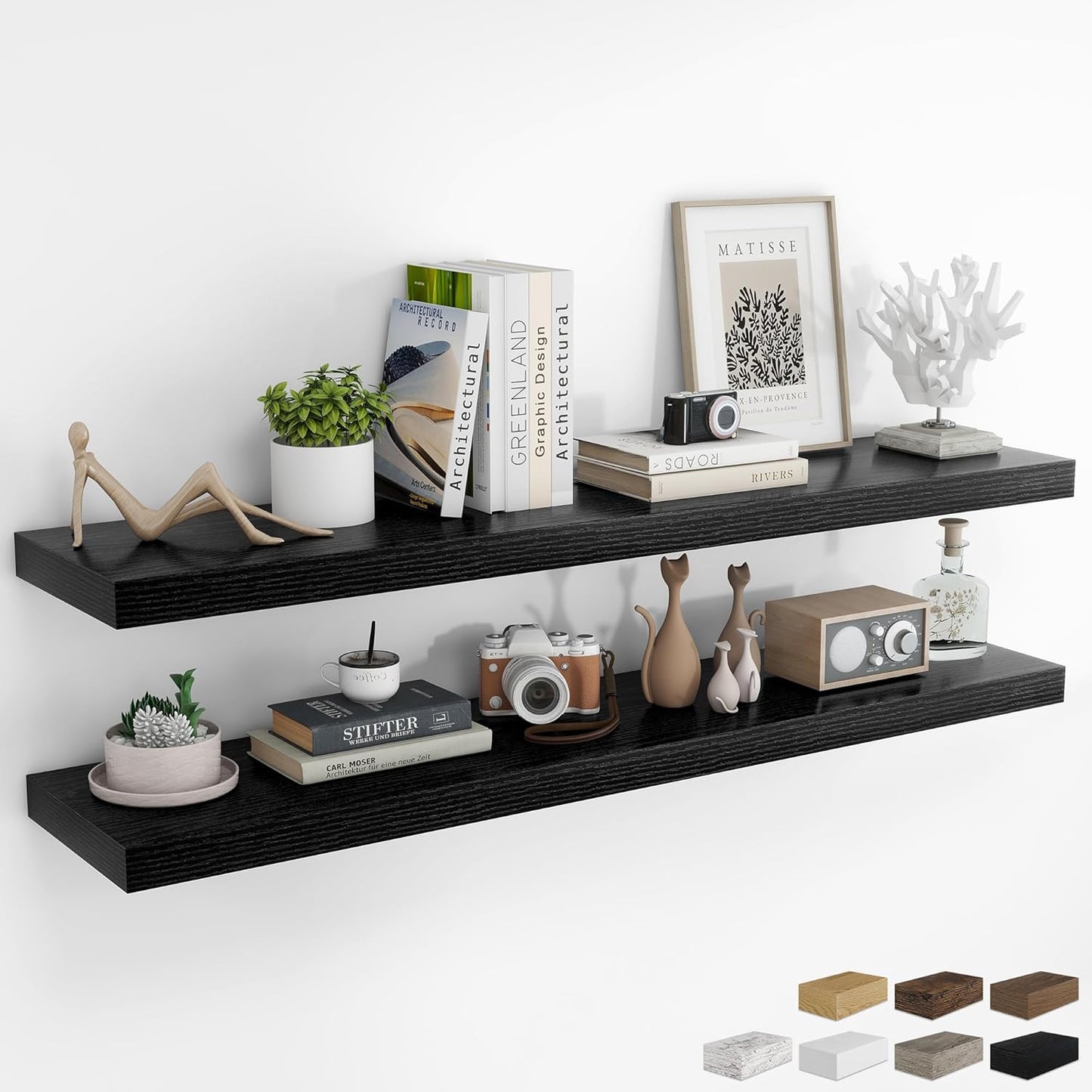 RICHFOCUS 55Inch Floating Shelves for Wall 2 Pack Shelves for Bedroom|Kitchen|Bathroom Wall Mounted Rustic Wood Floating Shelf with Invisible Brackets for Books|Storage|Decor, Black
