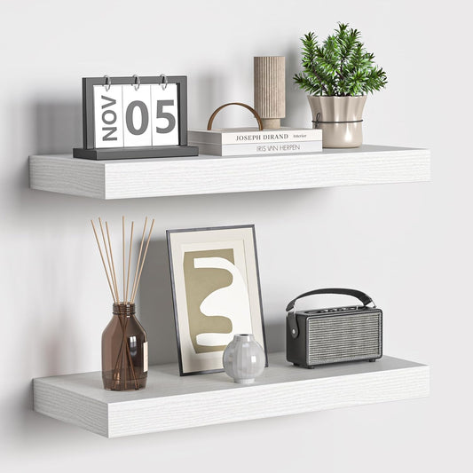 Fun Memories Floating Shelves - 16 Inch Rustic White Wall Shelf - Wall Mounted Shelves for Wall Decor Storage - Wooden Shelves with Invisible Brackets for Living Room, Bedroom, Kitchen, 2 Pack