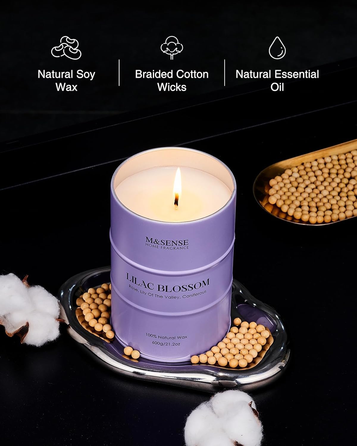M&SENSE Lilac Blossom Soy Candles for Home Scented, 21.2oz 120 Hour Long Burning Large Aromatherapy Candle for Stress Relief Meditation Yoga Relaxing SPA, Housewarming Gifts for Women