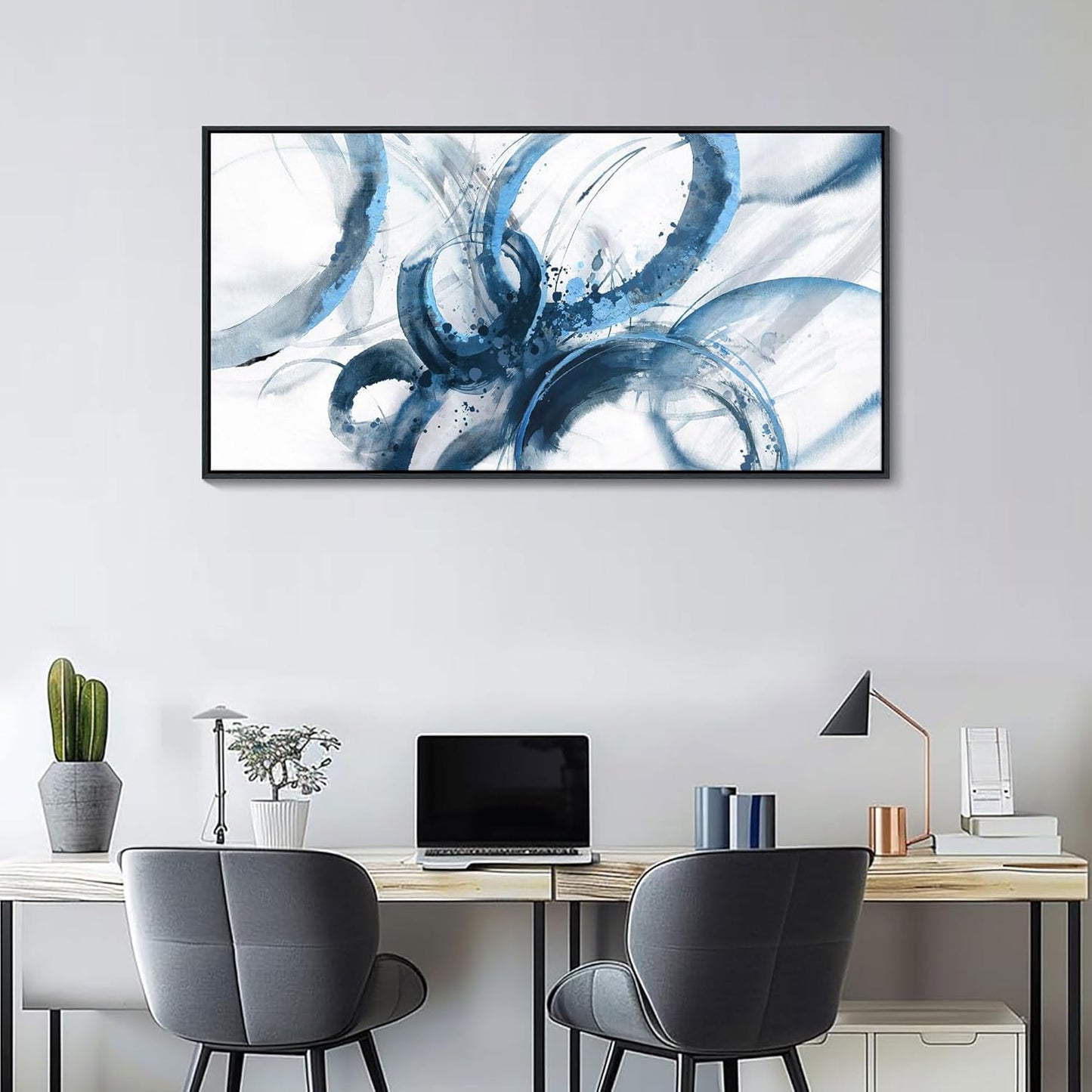 AJAZIKO Blue Wall Art Large Pictures for Living Room Abstract Wall Decor Wall Decoration Print Pictures Canvas Framed Artwork Paintings for Office Above Bed Wall Decor 24×48IN