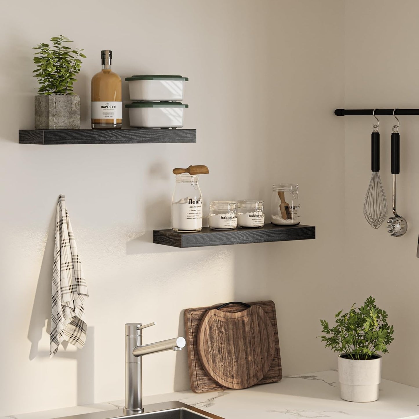 Floating Shelves for Wall, 24" W x 6.7" D x 1.5" H, Wooden Wall Mounted Display Shelves with Invisible Brackets for Living Room, Bedroom, Bathroom, Kitchen Decor and Storage, Set of 2, Black