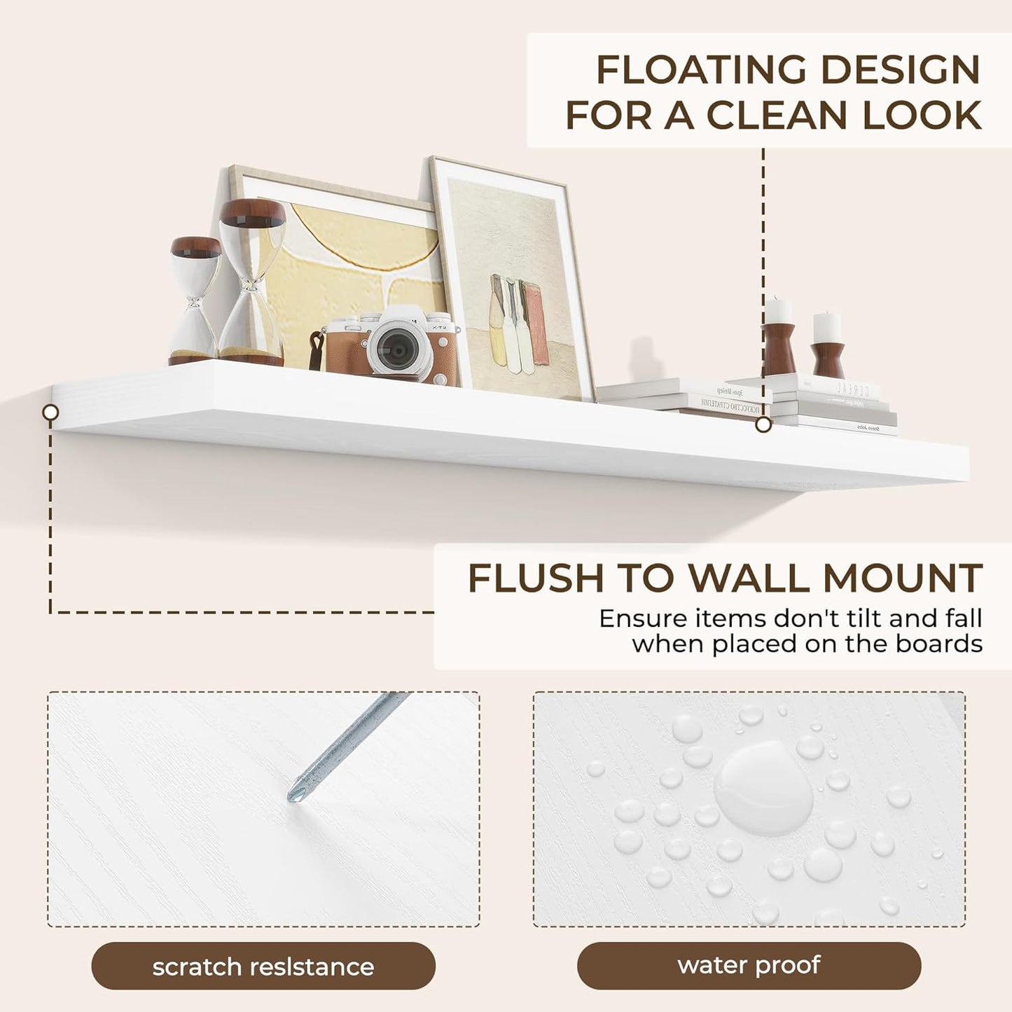 RICHFOCUS 55Inch Floating Shelves for Wall 1 Pack Shelves for Bedroom|Kitchen|Bathroom Wall Mounted Rustic Wood Floating Shelf with Invisible Brackets for Books|Storage|Decor, White