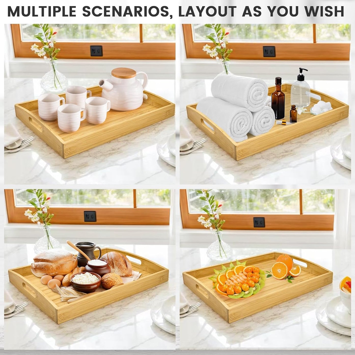 Larger Bamboo Serving Tray with Handles - Decorative Wooden Trays for Eating, Working, and Storing, Suitable for Use in Bedroom, Living Room, Kitchen, Bathroom, Outdoor Scenarios and More