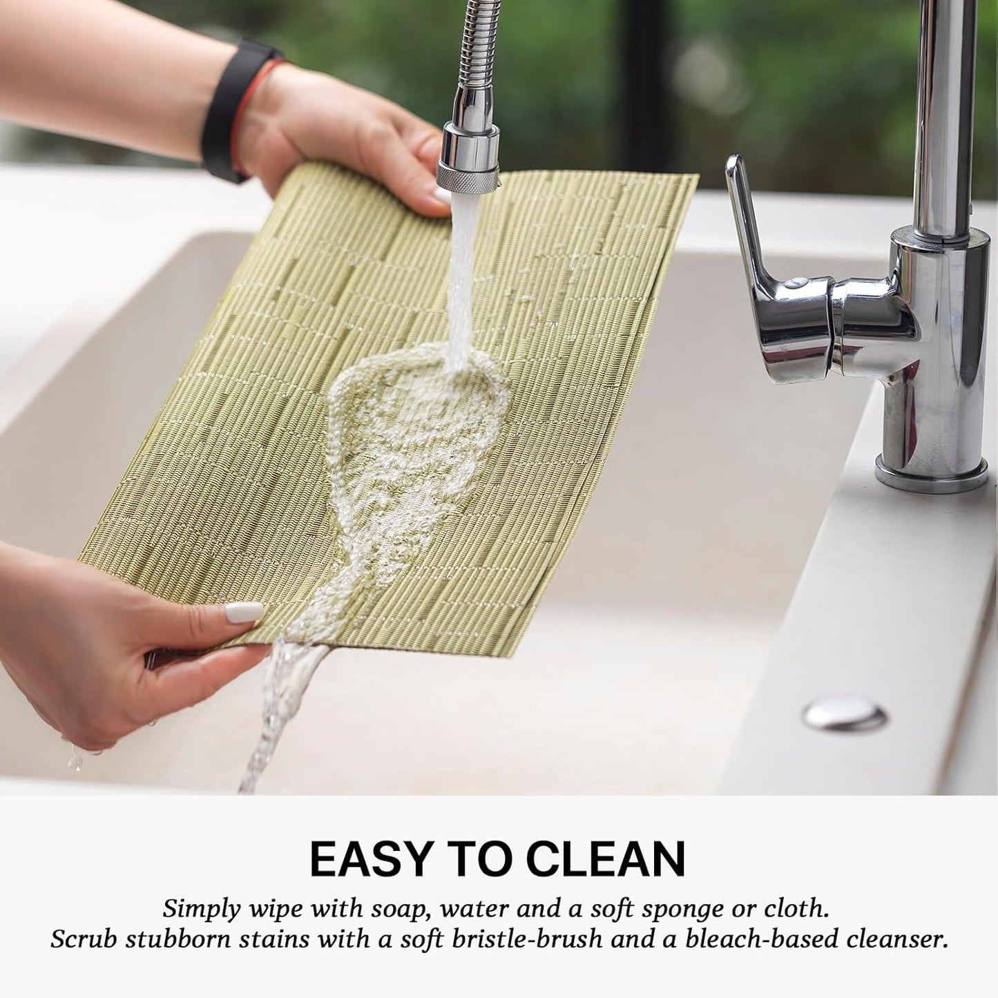 LEXMORE Placemats Set of 6 Vinyl/Plastic Woven Place Mats for Kitchen Table Indoor/Outdoor Washable Placemat Wipeable Dining Table Mats(Pea Green)