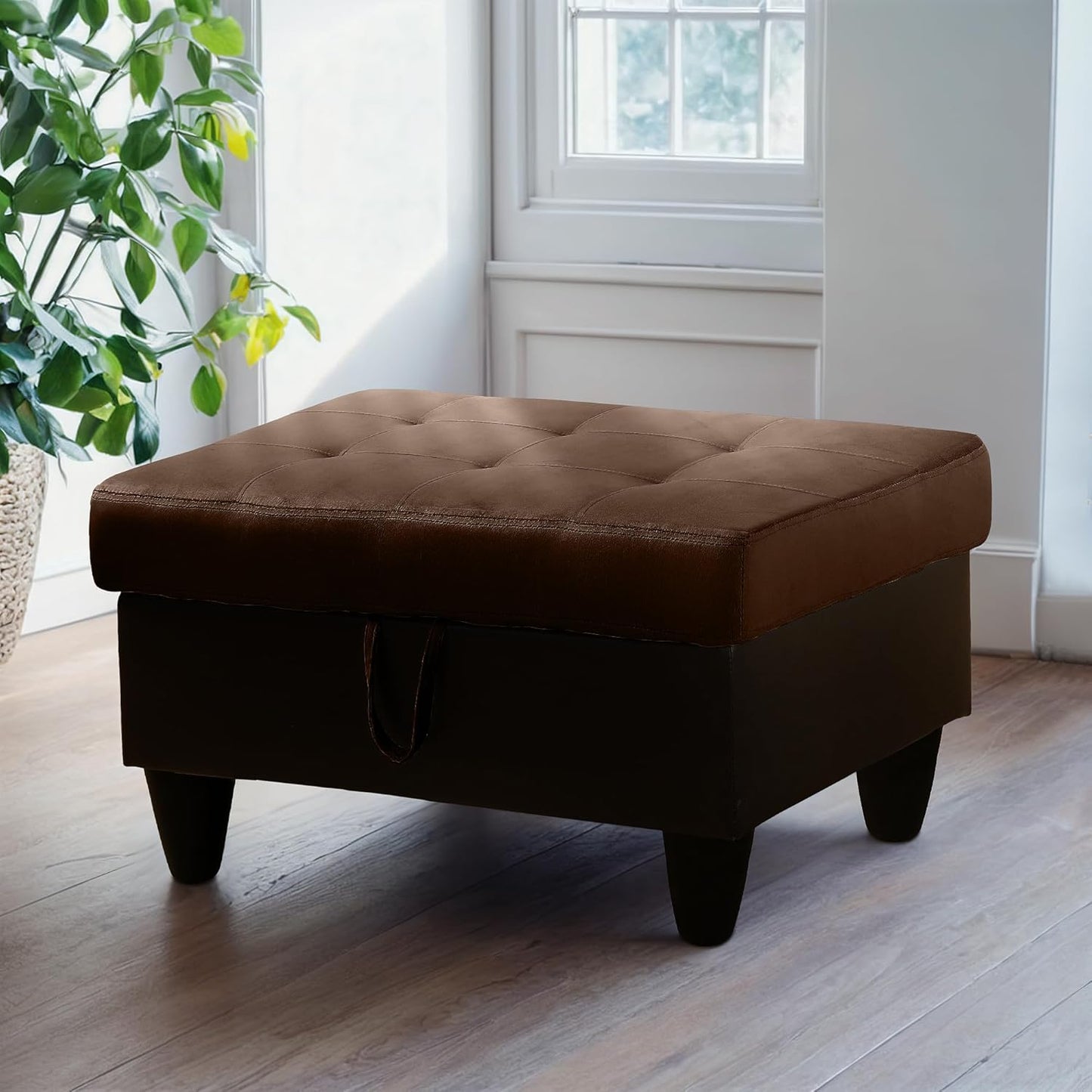 Ottoman Rectangular Storage Ottoman Bench, Flannel Footrest Stool Footstool with Lid for Living Room, Bedroom, Entryway, Brown&Black, 35"x23.5"x17.5"