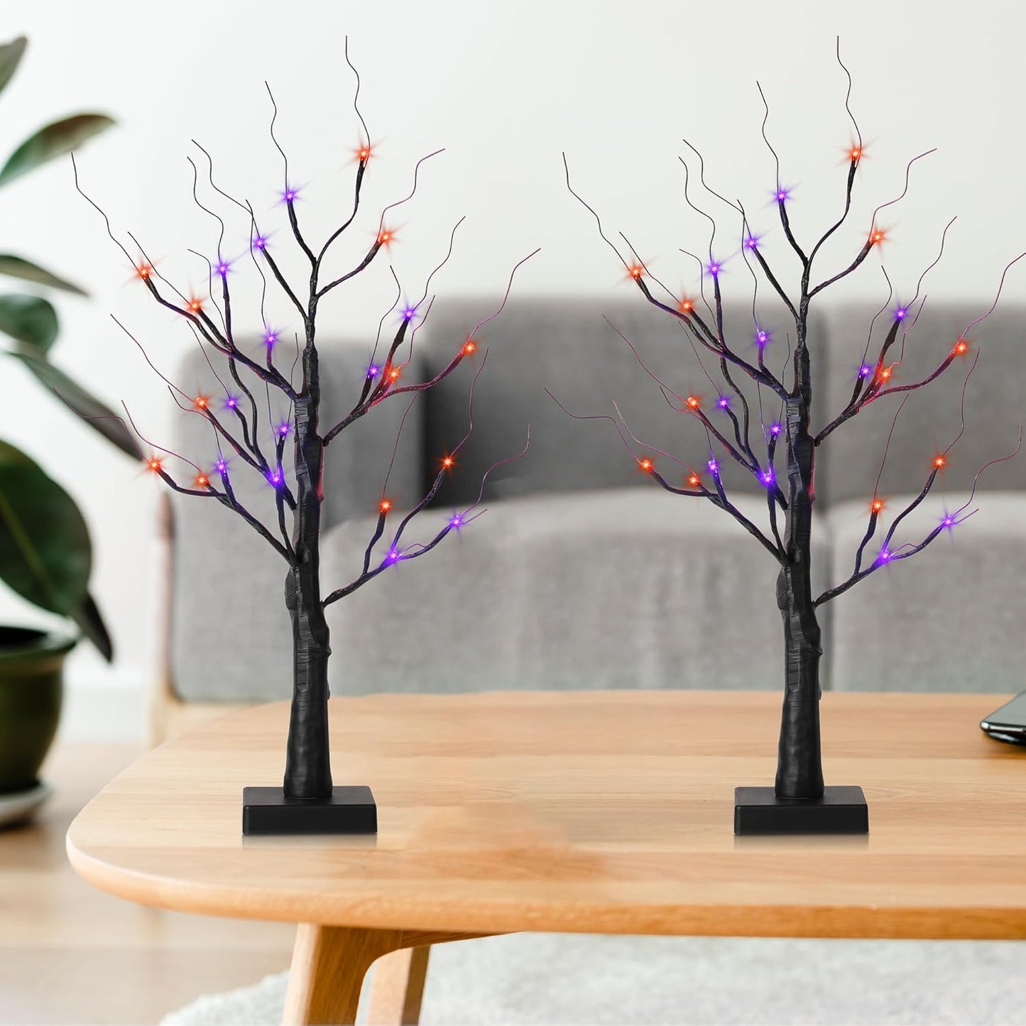 Halloween Decorations Indoor,2 Pack 2FT Birch Tree with 24 Orange and Purple LED Lights,Black Spooky Halloween Tree for Holiday Party,Tabletop Decor for Home,Office,Christmas,Fireplace,Mantle