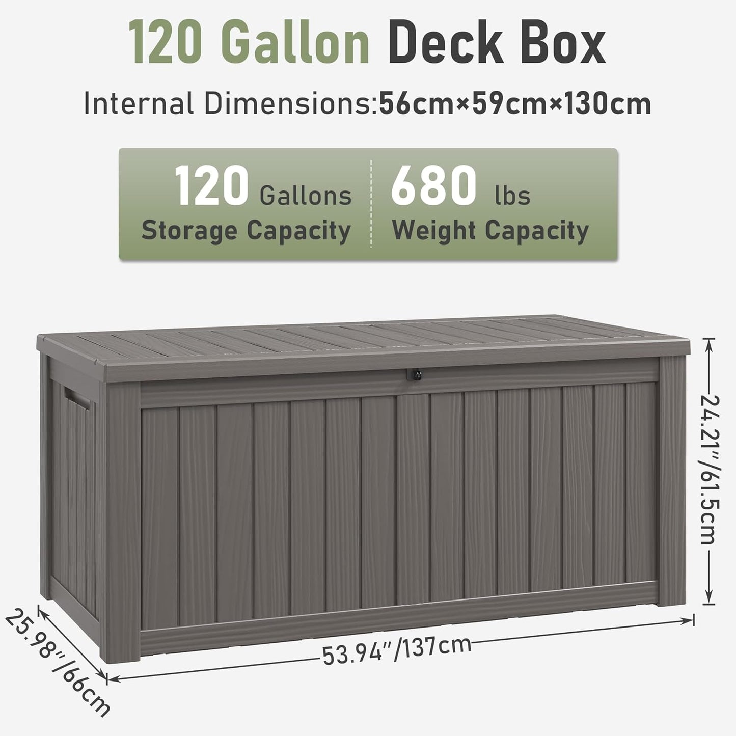 KAMABOKO Outdoor Storage Box, 120 Gallon Large Outdoor Resin Deck Box, Storage Waterproof Boxes Lockable Lid for Garden Tools, Pool Supplies, Patio Furniture and Cushions, Grey