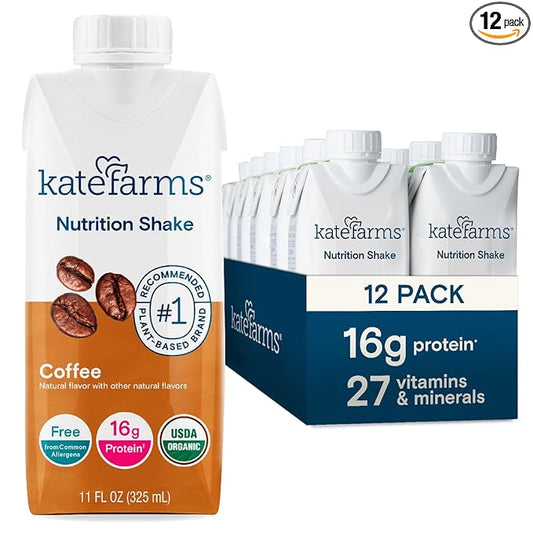 KATE FARMS Organic Nutrition Shake, Coffee, 16g protein, 27 Vitamins 11 oz (12 Pack)