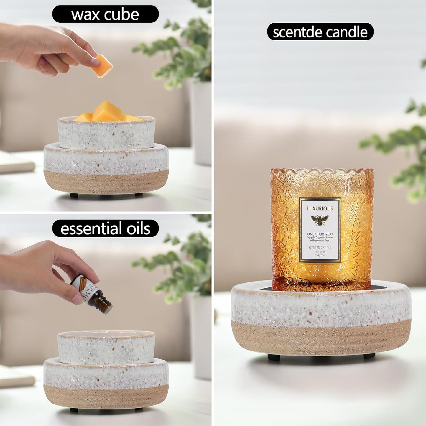 Wax Melt Warmer, Ceramic Candle Melter Melting Wax 3-in-1 Oil Burner Electric Fits Yankee Large Jar, Scented Candle Holder for Home Decor Gifts for Mom Grandma Women Girls