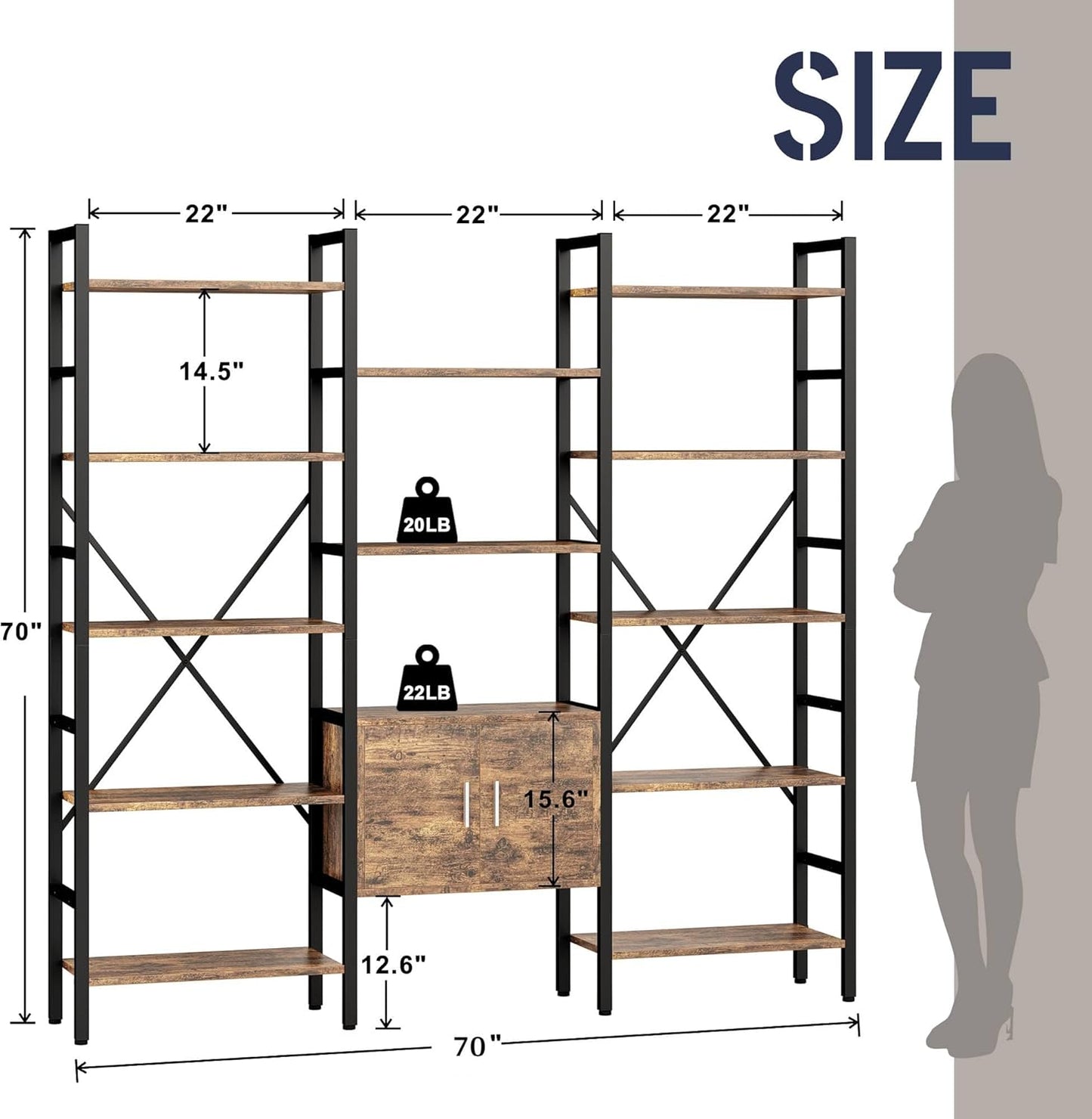 70 x70" Triple 5 Tier Book Shelf, Industrial Large Bookcase with Storage Cabinet, Tall Bookshelf with 14 Open Display Shelves Metal Frame Furniture for Living Room Bedroom Home Office Rustic Brown