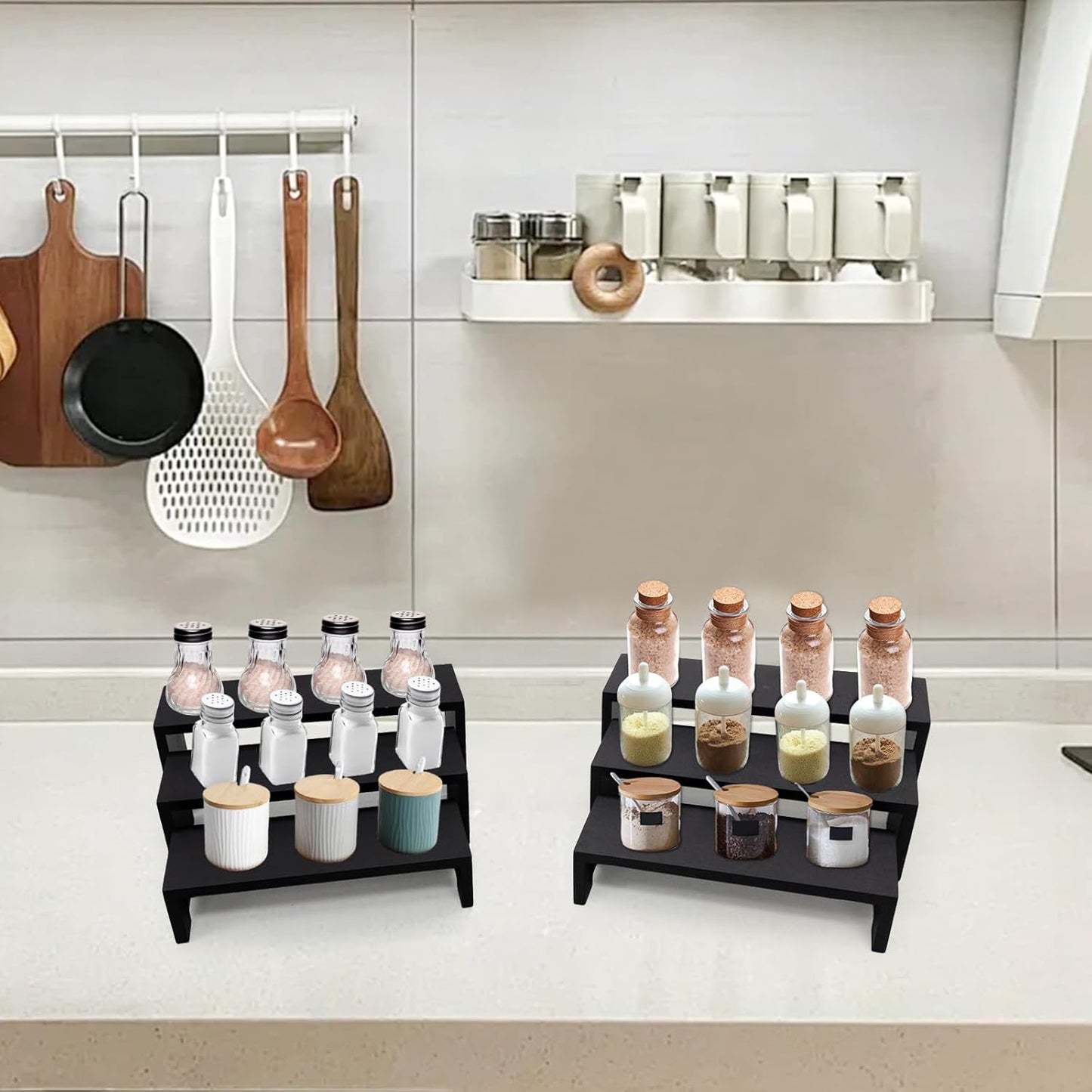 Display Wood Risers Wooden Stand 3 Tier 4 Set 12 Pieces Wood Racks Decorative Rectangular, Cupcake Stands Cologne Perfume Organizer Showcase Items(New Black)