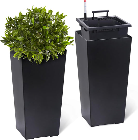 22.5" Tall Planters Set of 2, Outdoor＆Indoor Black Planter Pots, High Front Porch Planter Pots with Drainage Holes＆Water Level Monitor＆Inner Bucket, Automatic Watering, Black