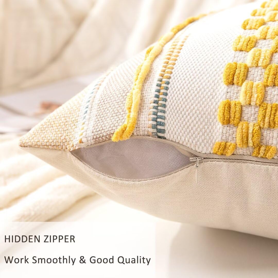 Boho Throw Pillow Covers 18x18 Set of 2 Farmhouse Decorative Cushion Case Striped Square Pillows Cover Chenille Pillow Cases Accent Neutral Pillowcase for Sofa Couch Bed,Yellow