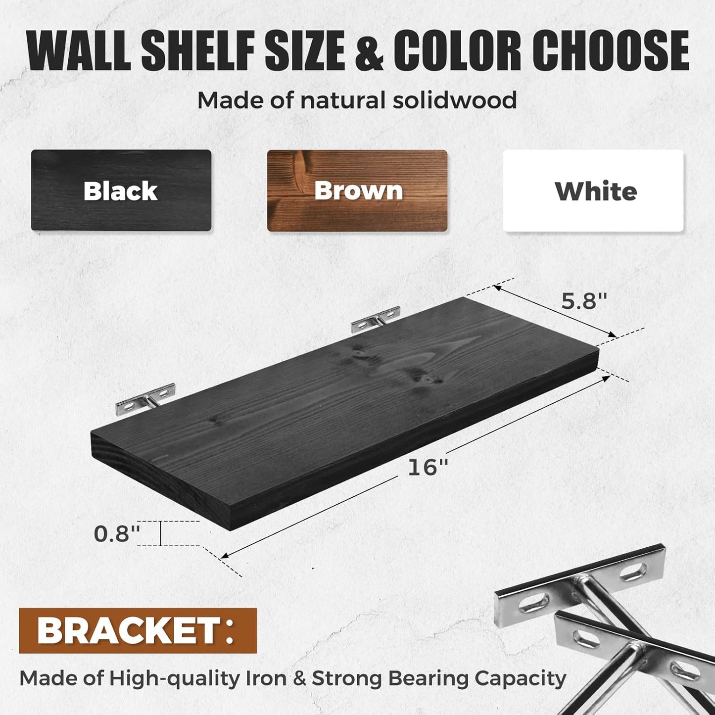 Floating Wall Shelves 2-Pack - Rustic Black 16-inch Wooden Wall Shelves for Storage and Décor, Multi-Functional and Easy to Install for Living Room, Bedroom, and Kitchen