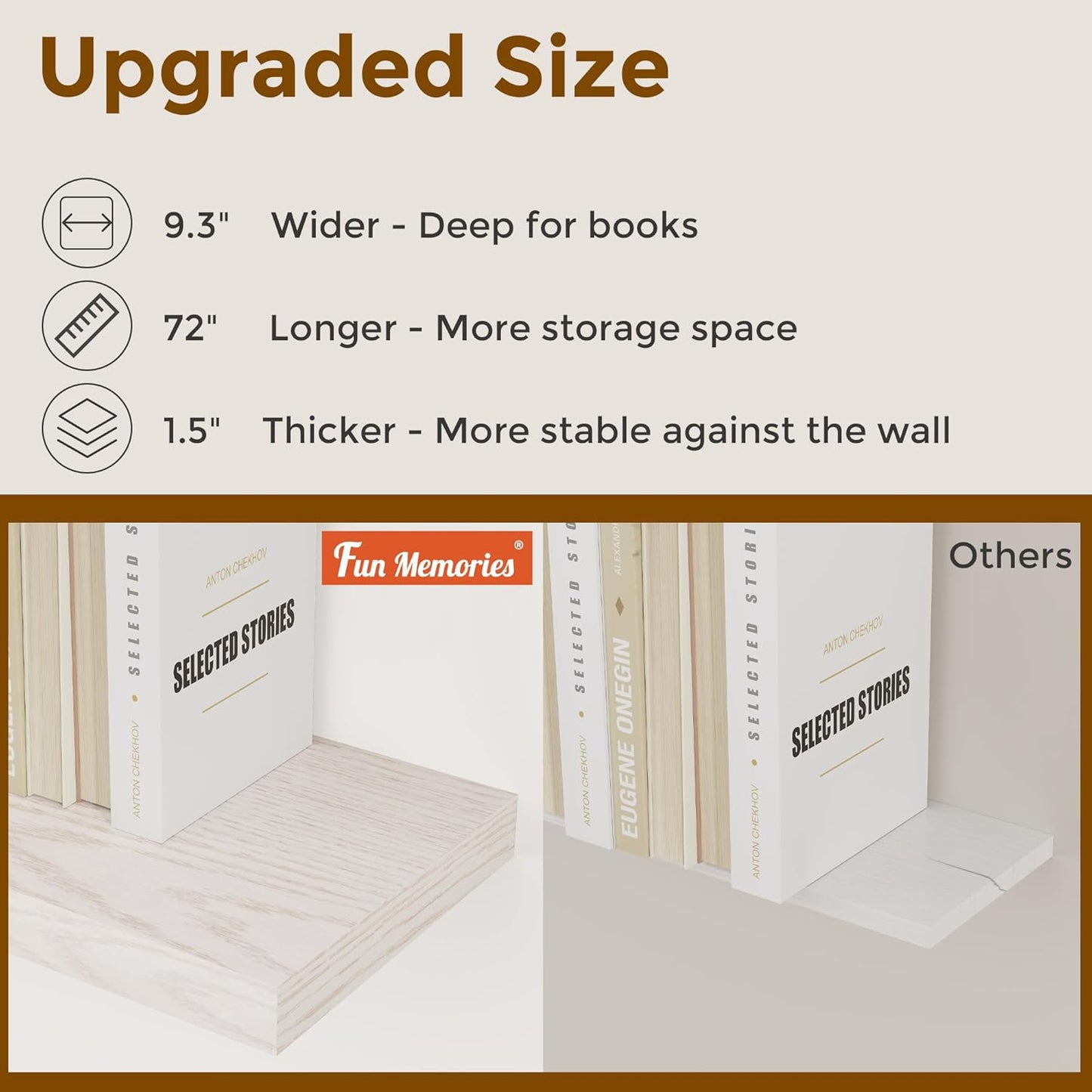 72 Inch Floating Shelves, 72 x 9 Rustic Wooden Fireplace Mantel, 9 Inch Floating Shelf for Wall, Farmhouse Wall Shelves for Home Storage & Display, Brich Color, Set of 1