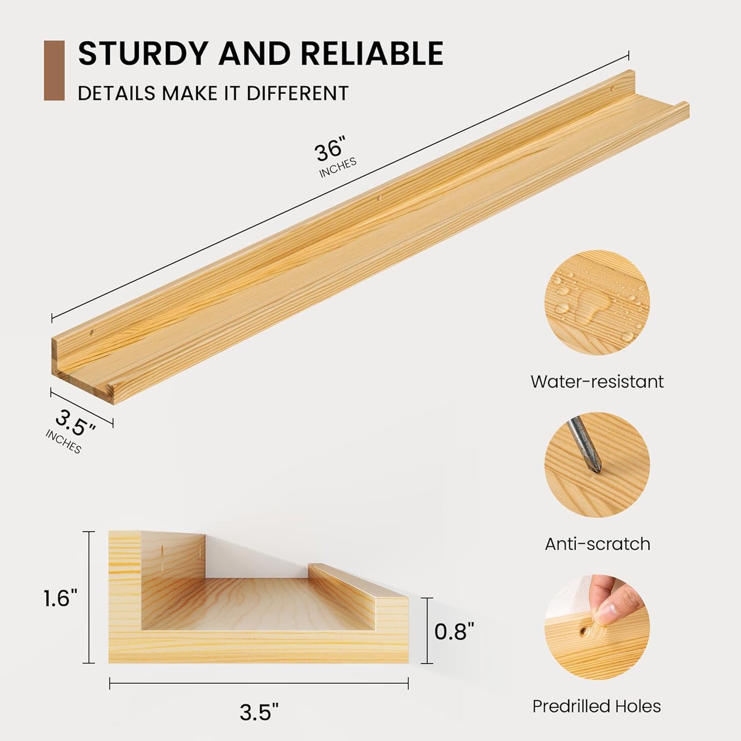 Picture Ledge Shelf, Solid Pine Wood Floating Shelves Set of 2, 36 Inches Nursery Book Shelves for Toys Storage, Kids Bookshelf Wall Mounted for Living Room Bedroom Decor Books Photo Frames, Natural